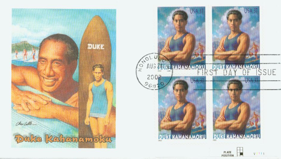 2002 37¢ Duke Kahanamoku Fleetwood Plate Block First Day Cover