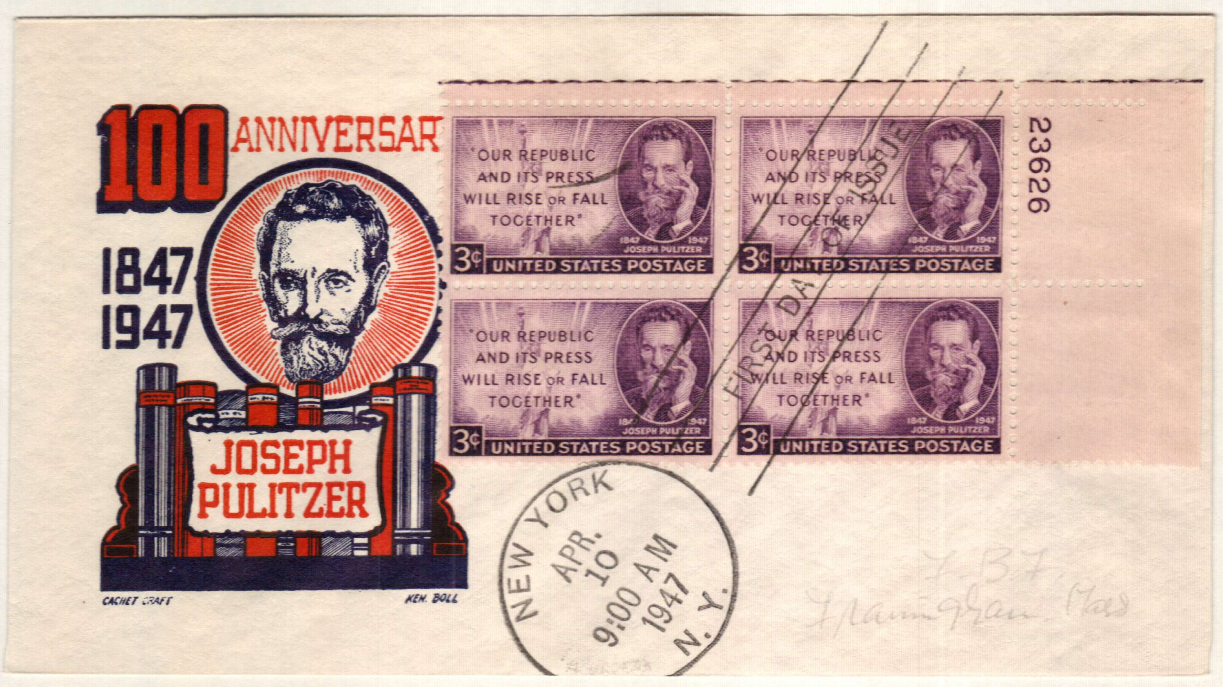 1947 3Â¢ Joseph Pulitzer Plate Block First Day Cover
