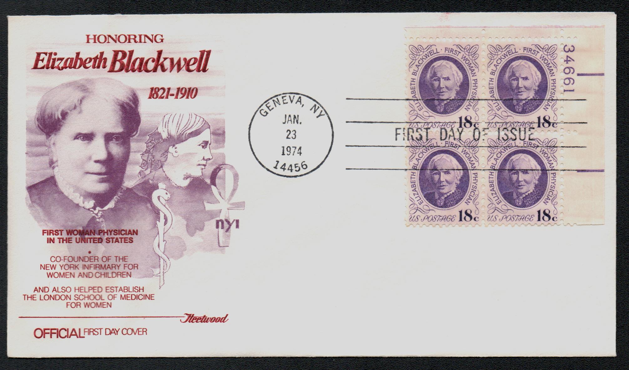 US Postal Stamps, 1974, Elizabeth Blackwell, First Woman Physician, S#  1399, Plate Block of 4, MNH