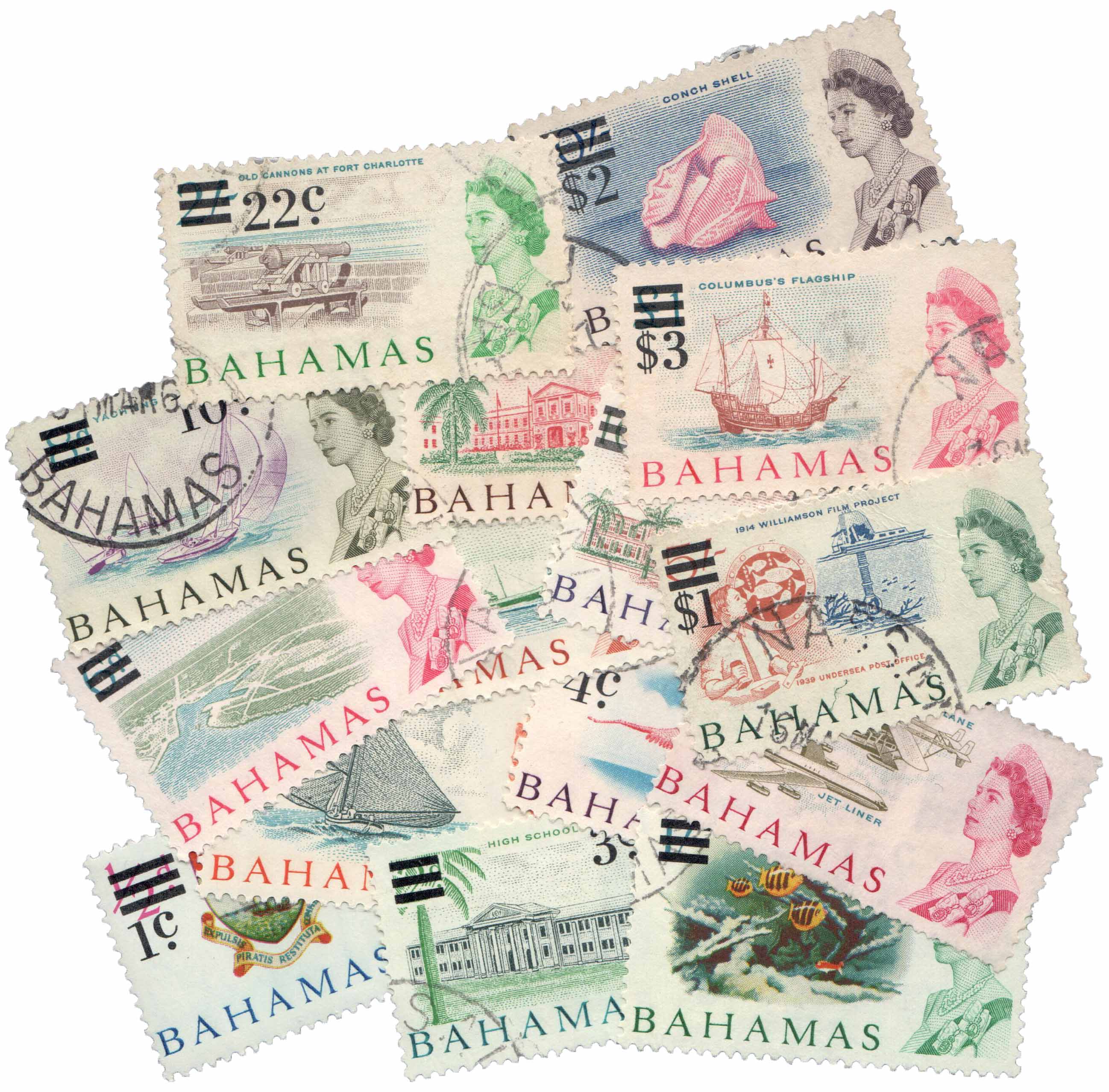 Set of 15 1966 Bahamas surcharged stamps