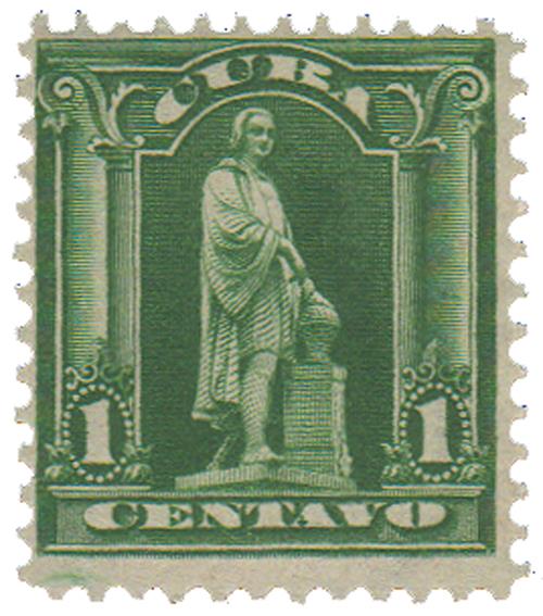 U.S. #CU227 – The first stamp designed and printed by the B.E.P. for Cuba pictures a statue of Columbus, who visited the islands in 1492.