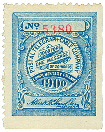 U.S. #15T20 â€“ Telegraph stamp for Postal Telegraph Cable Company.