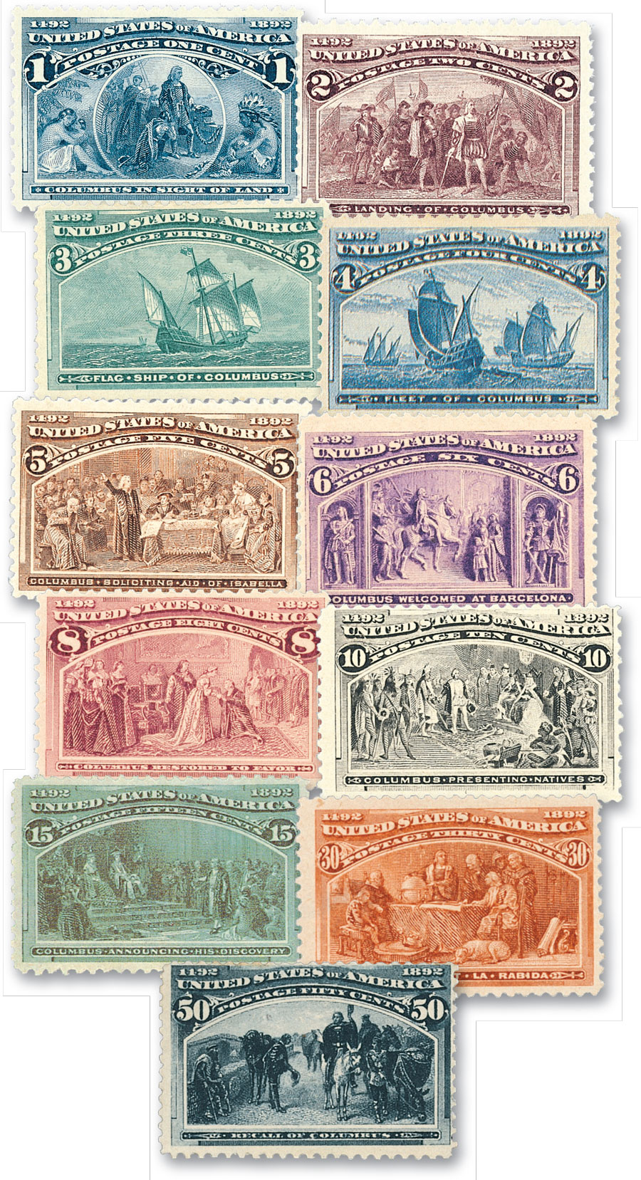U.S. #230-40 – The first 11 Columbian stamps.