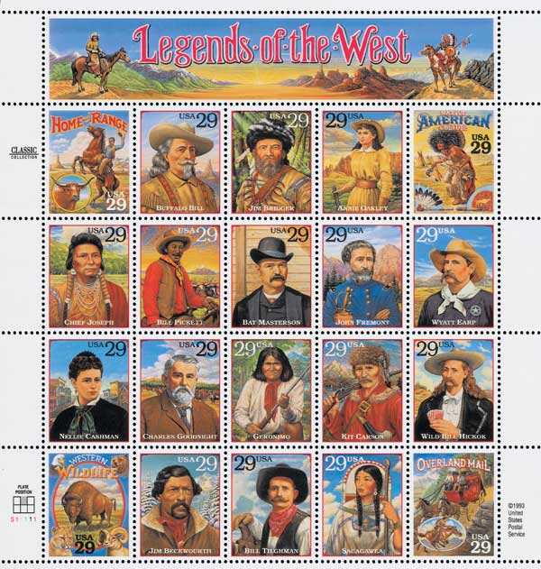 U.S. #2869 â€“ The controversial Legends of the West stamp sheet. (Click the image to read the full story.)