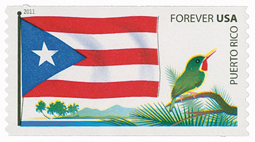 U.S. #4318 â€“ The Puerto Rico flag includes red stripes symbolizing the blood of warrior, white stripes for victory and peace, a white star on a blue triangle symbolizing the island surrounded by blue sky and water, and the triangle representing the three branches of government.