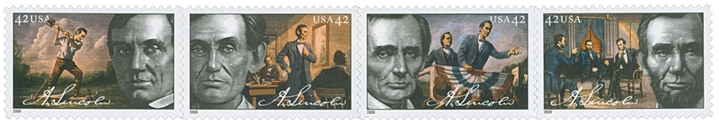 U.S. #4380-83 – Lincoln was the first U.S. President to have a beard, though some before him did have side burns.