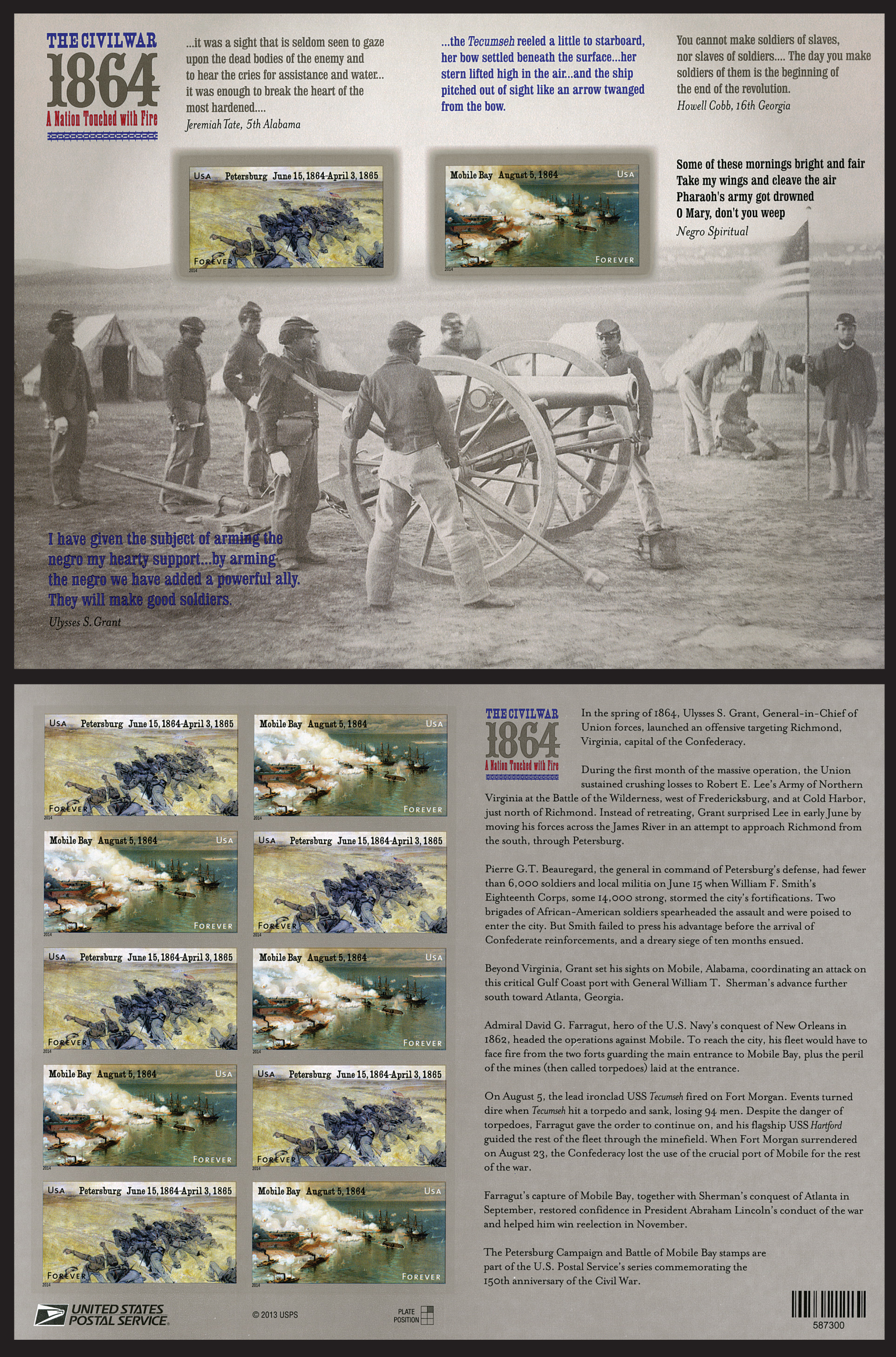 2014 Civil War Sesquicentennial: 1864 Battles of Petersburg and Mobile Bay Imperforate mint stamp sheet. 
