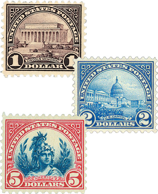 1922-25 $1-$5 Flat Plate Printing, collection of 3 stamps