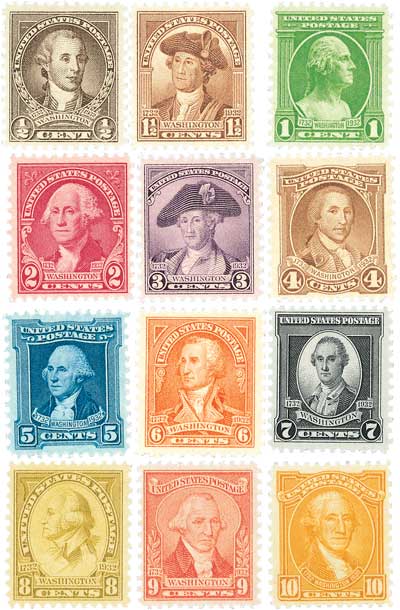 U.S. #704-14 – 1932 Washington Bicentennial stamps.