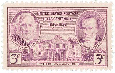 U.S. #776 pictures Stephen F. Austin, Sam Houston, and the Alamo.