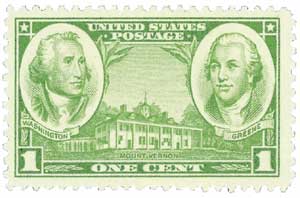 1936 1¢ Army and Navy: Washington and Greene, Mt Vernon stamp