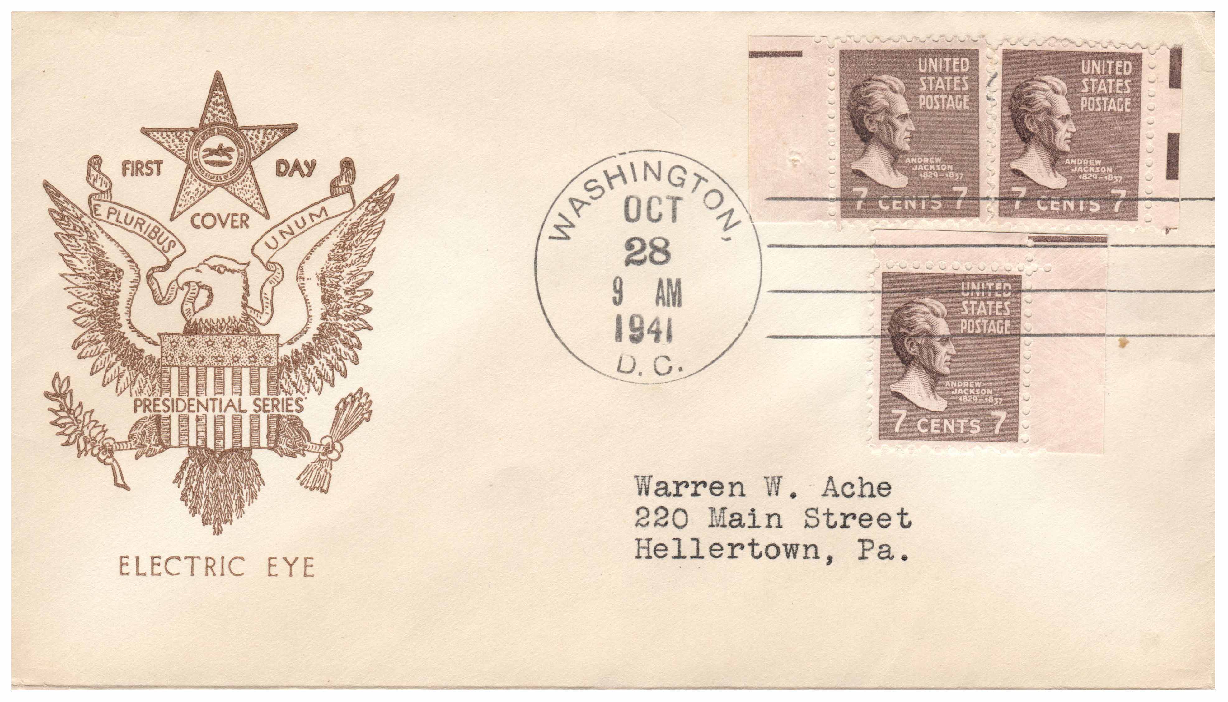 1938 Jackson 7c brown Electric Eye FDC First Day Cover