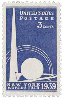 U.S. #853 shows the “Trylon” and “Perisphere,” two of the most famous images of the Fair.