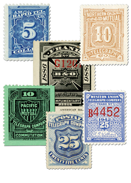 Item #M11732 â€“ Set of 6 telegraph stamps from different companies.