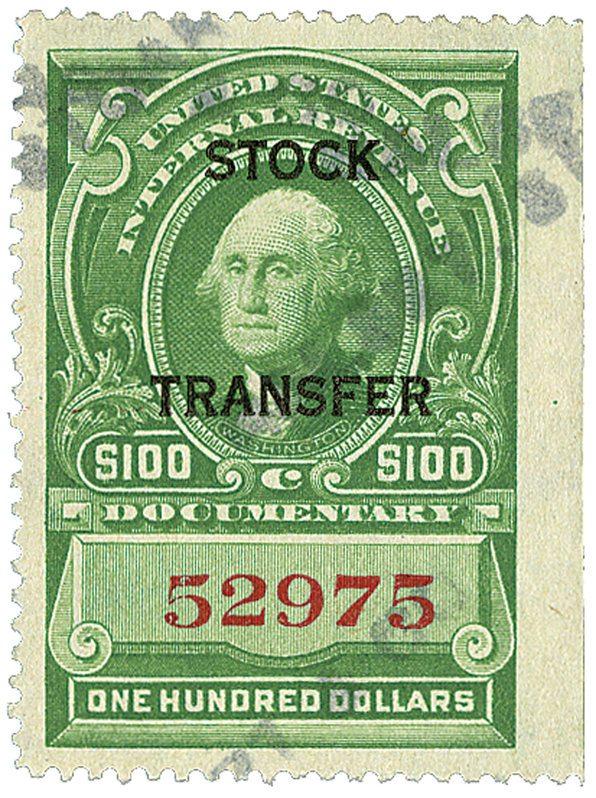 RD22 - 1918 $100 Stock Transfer Stamp, green, horizontal overprint 