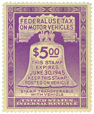 1944 $5 Motor Vehicle Use Tax, violet (gum on face, control no. & incriptions on back)
