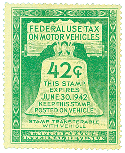 1942 42c Motor Vehicle Use Tax, light green (gum on face, incriptions on back)