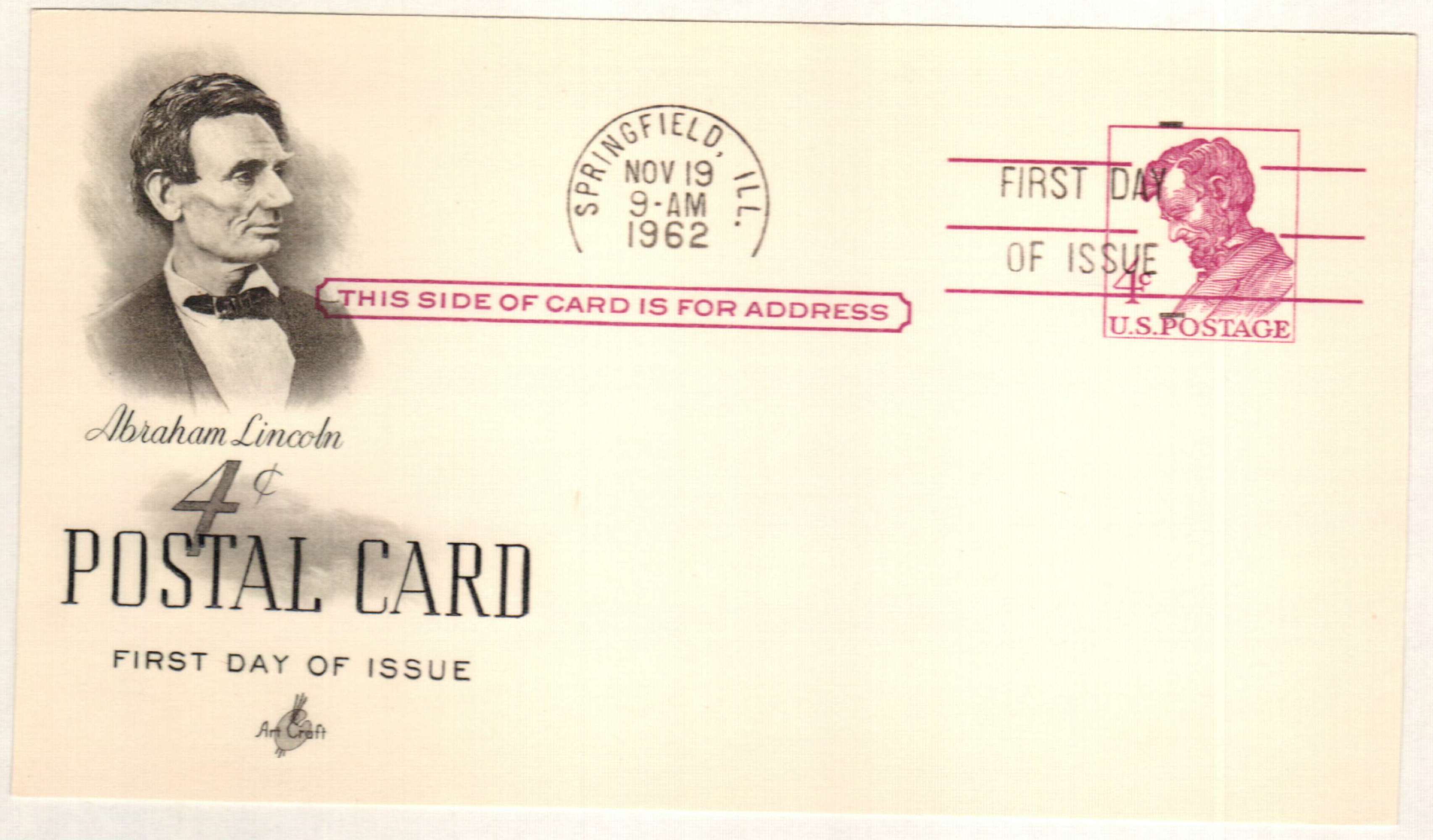 U.S. #UX48 – A 1962 postal card picturing a beardless Lincoln.